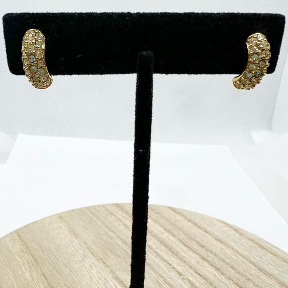 Vintage Monet Rhinestone Studded Gold Hoop Earrings - Picture 2 of 9